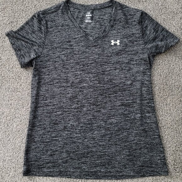 Ladies Under Armour Loose Black & Grey Variegated V-neck  T-shirt  Medium - Picture 1 of 7